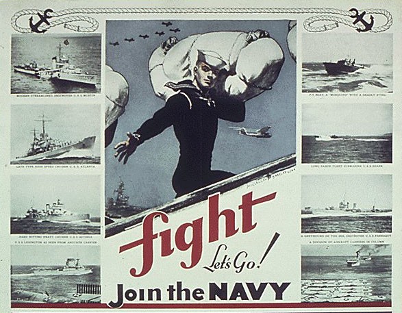 Poster with multiple images, at center a sailor boarding a ship he is carrying his sea bag on his shoulder
