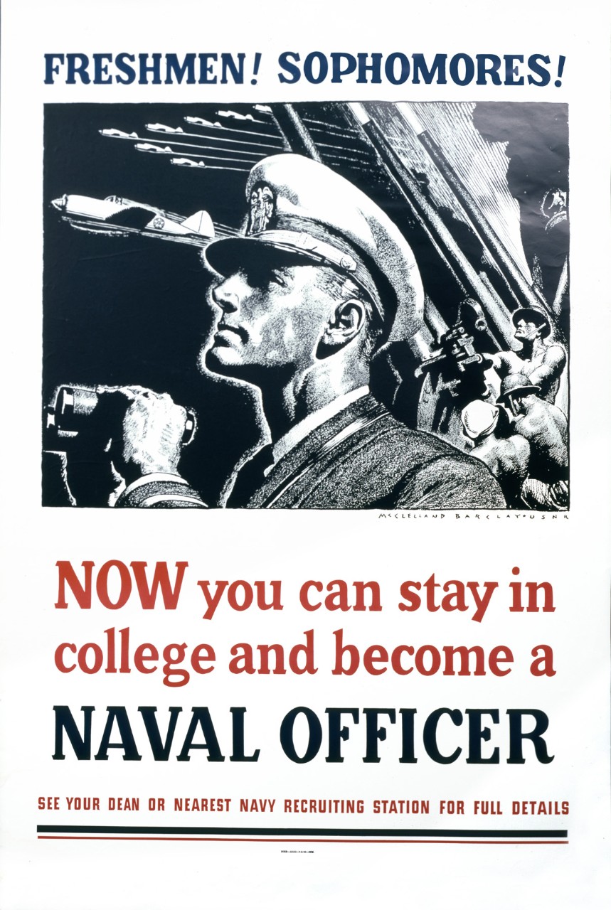 Poster with center image of officer looking skyward with anti-aircraft gun in background