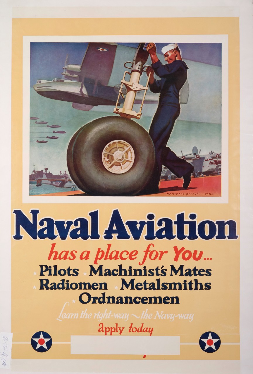 Poster with center image of sailor working on the wheel of an airplane