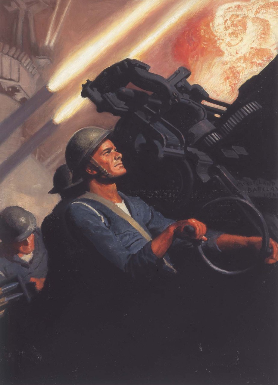 A sailor at an anti-aircraft gun firing