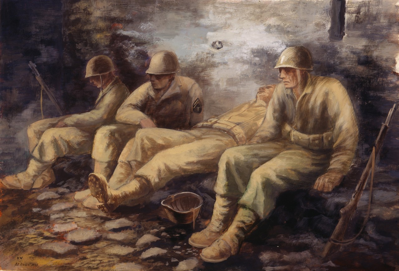 Four soldiers resting on a bench