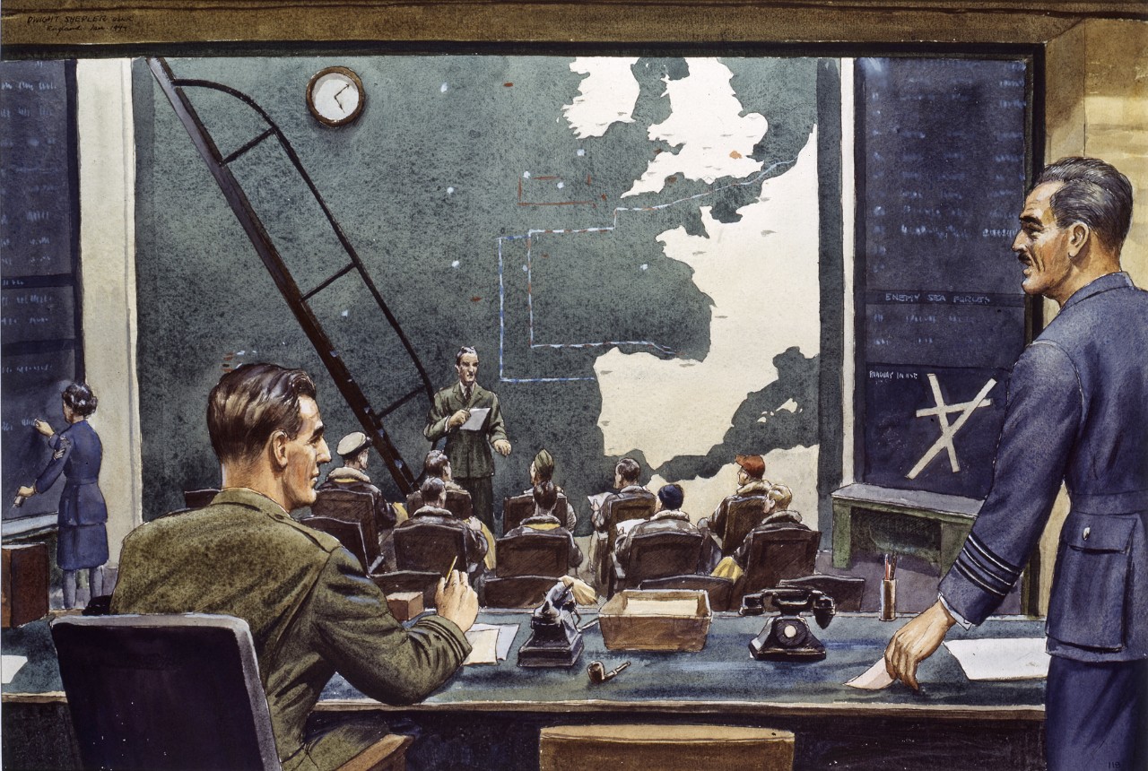 Men and woman at work in a room with a large map of the European coast