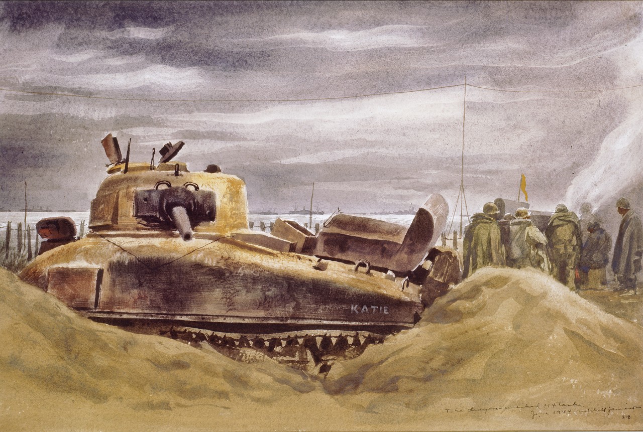 Wrecked M4 tank on a beach