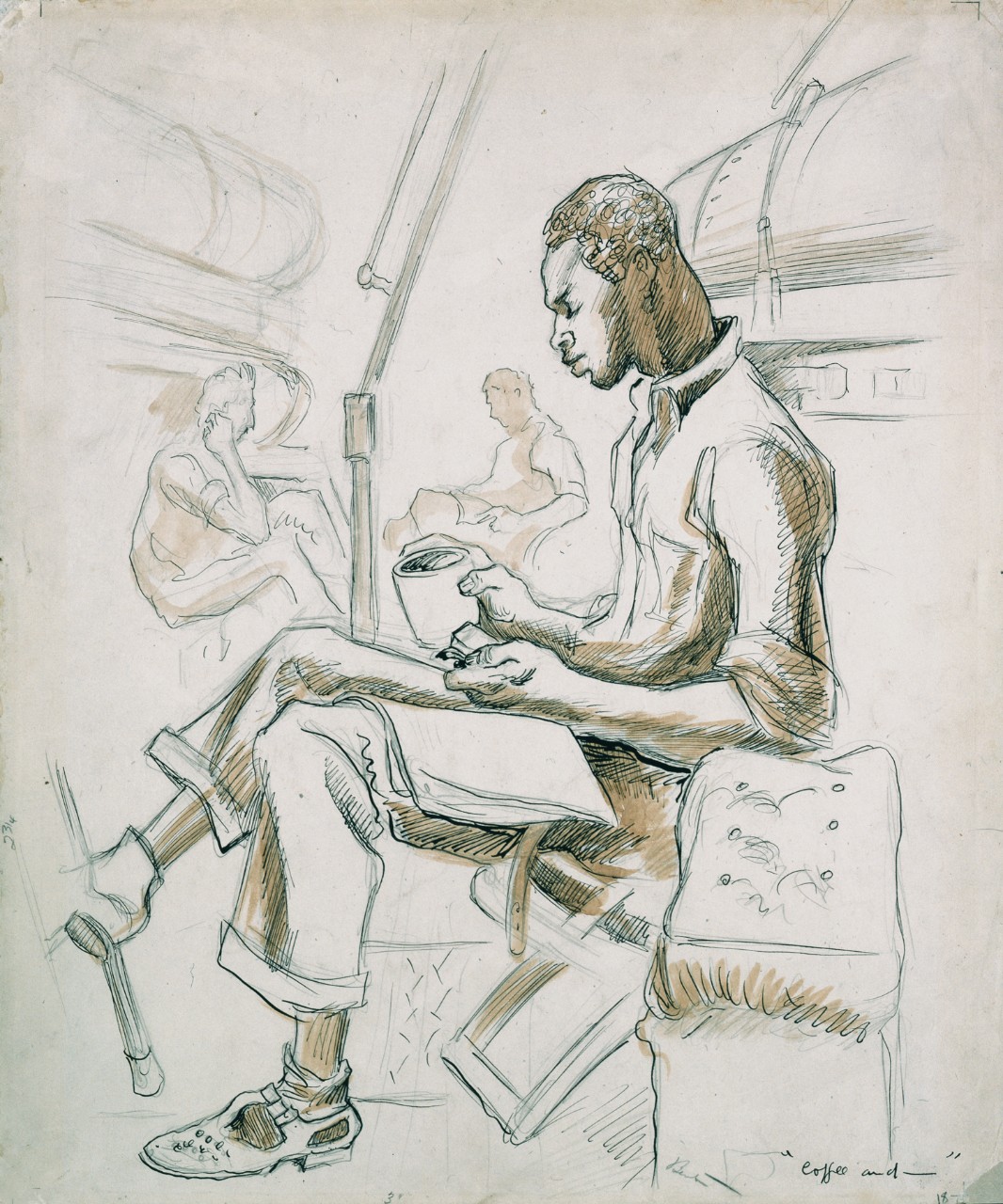 A sailor is reading and drinking a cup of coffee