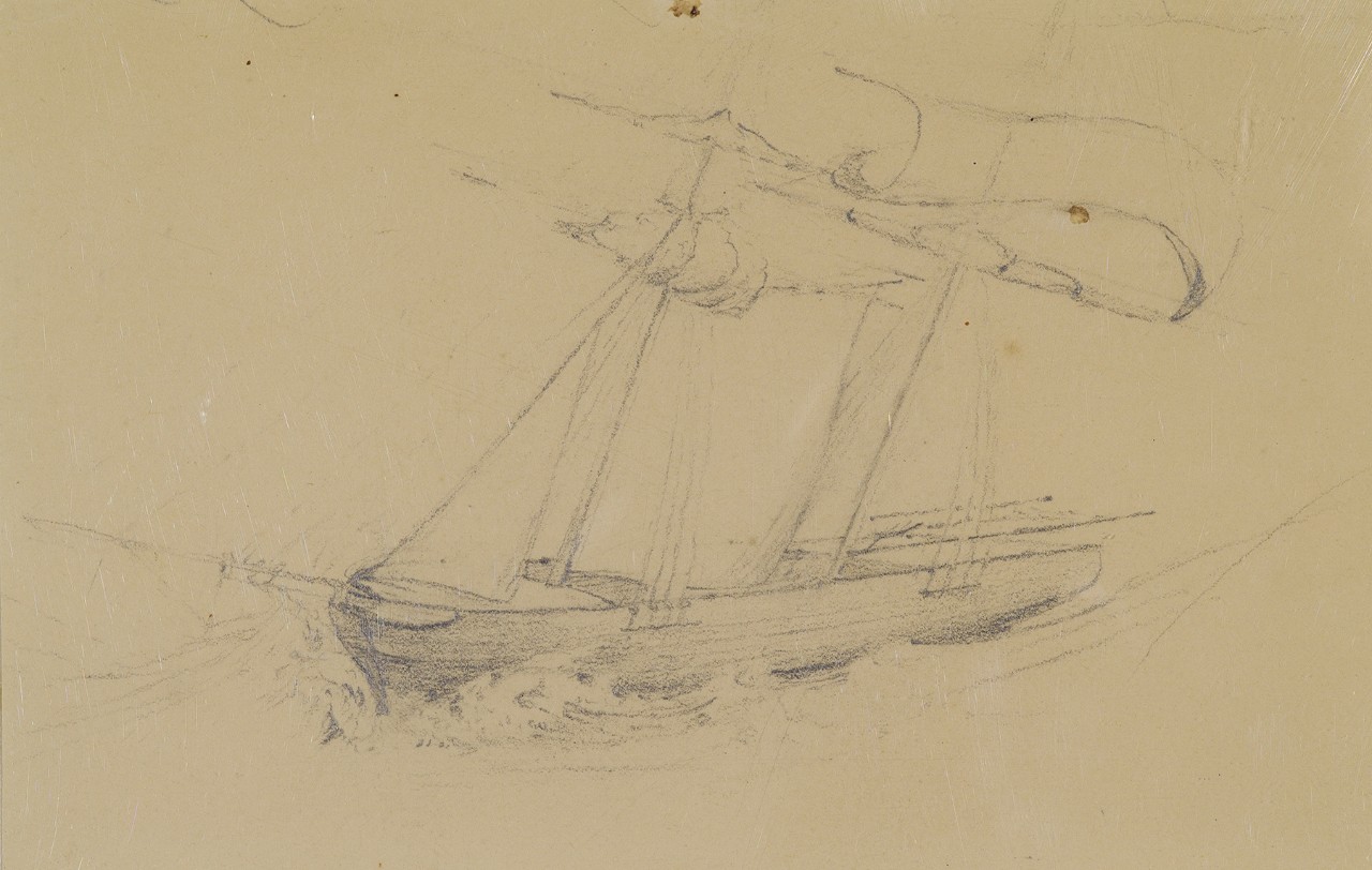 Portside view of a two masted ship in rough seas
