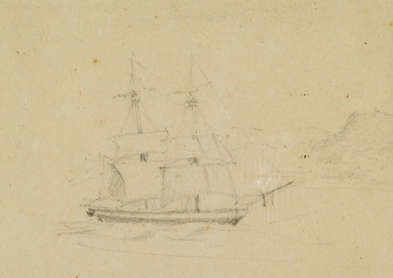 Two masted ship sailing by a coast line
