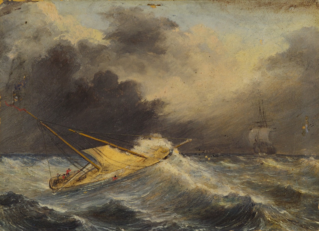 Sailing ship in rough seas, a larger sailing ship in the background