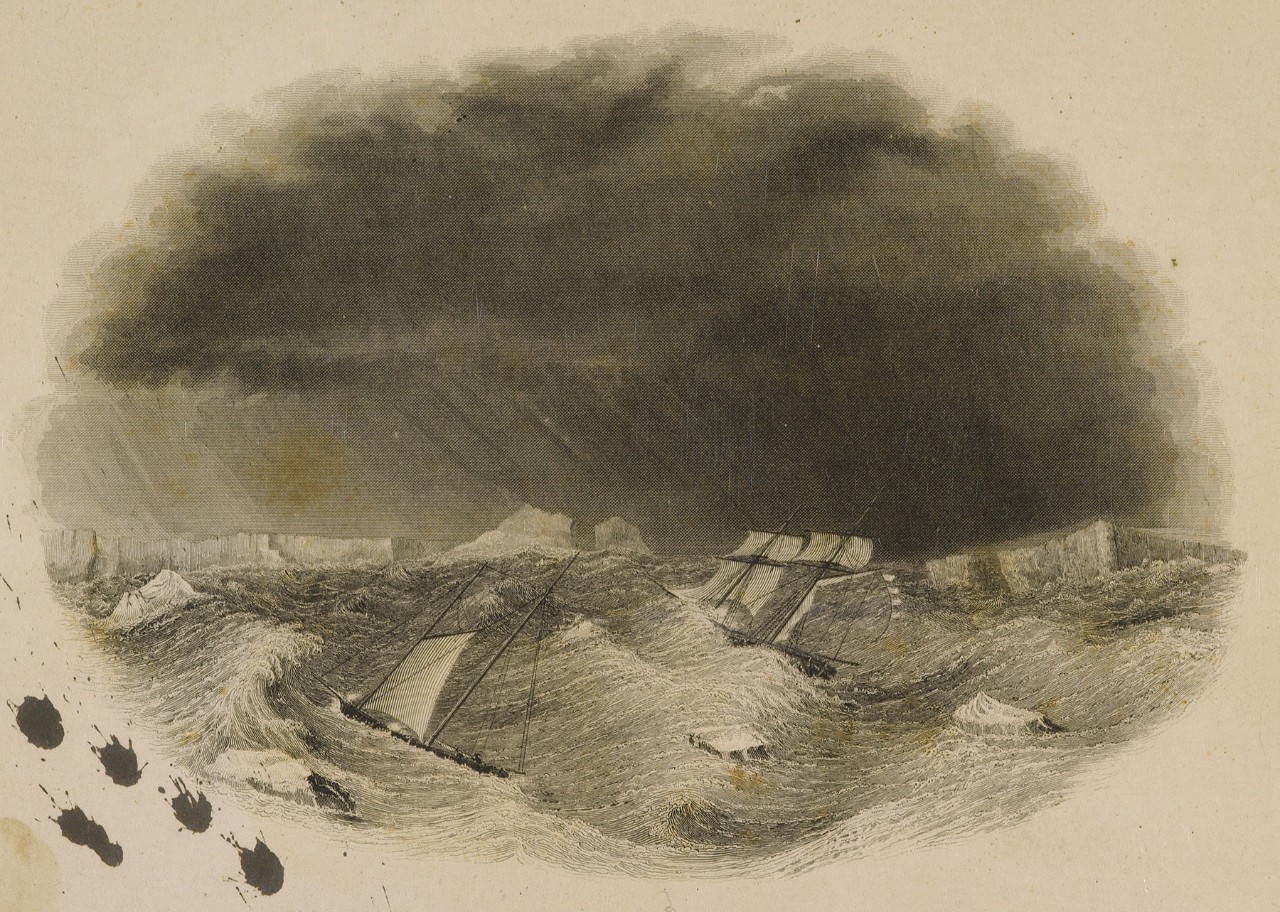 Two sailing ships in rough seas