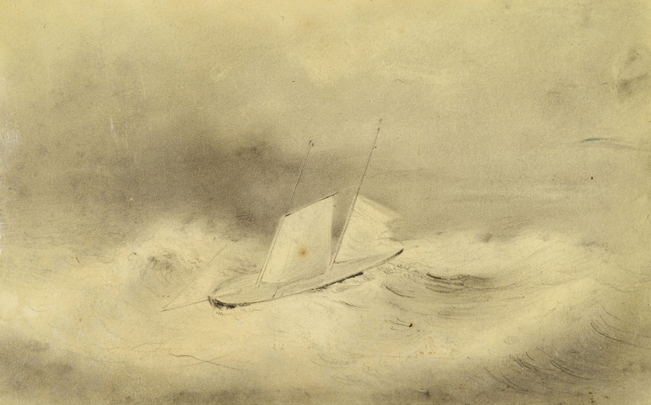 A sailing ship riding a large wave