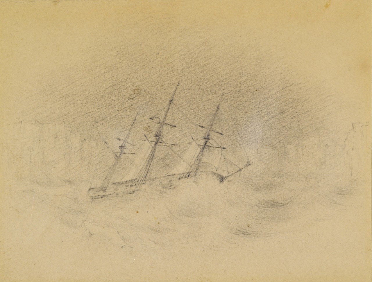 A sailing ship being pushed by the waves toward the ice shelf