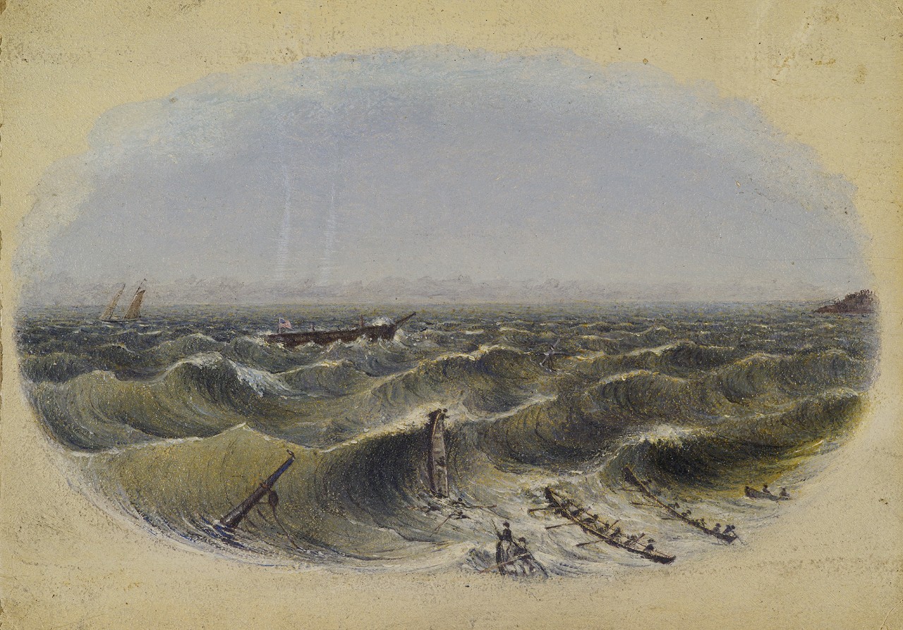Remains of a ship floating in heavy seas with long boats heading into shore