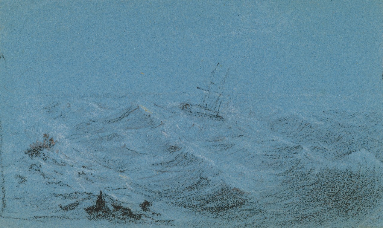 A ship in rough seas on blue paper