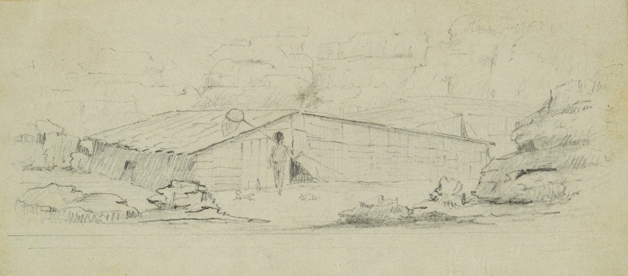 A figure with a net in front of a long house
