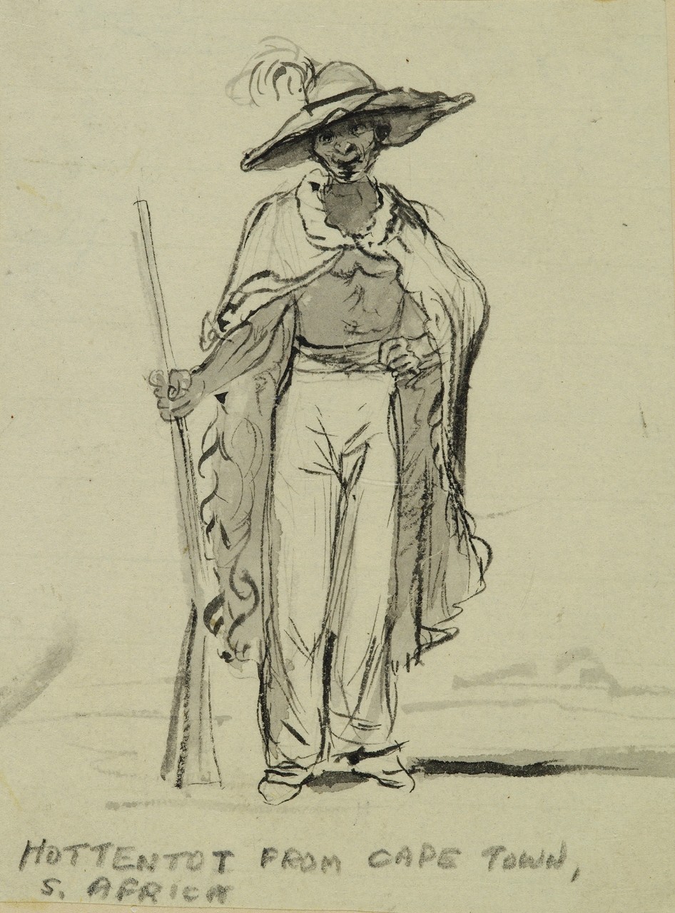 Portrait of a man holding a rifle, he is wearing a wide brimmed hat with a feather
