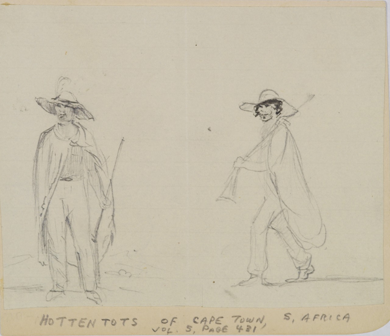 Two separte drawings of a man carrying a rifle, wearing a wide brimmed hat with a feather, one view is in profile. 