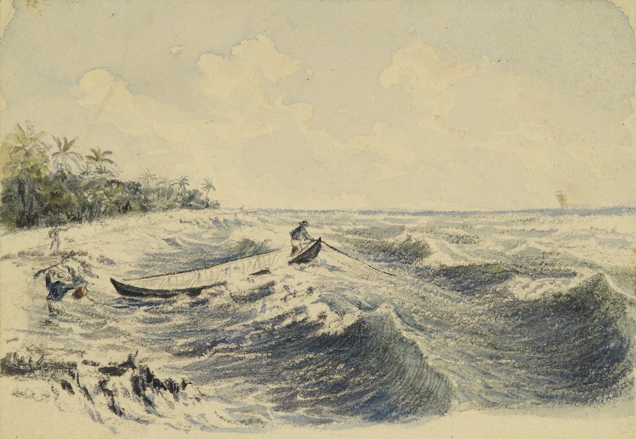 Two men at a beach, one is in a small boat in heavy surf, the other is in the water behind him
