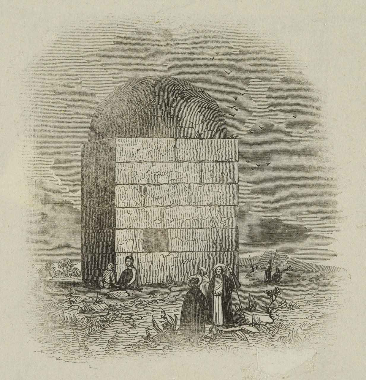 A structure with a group of men in front