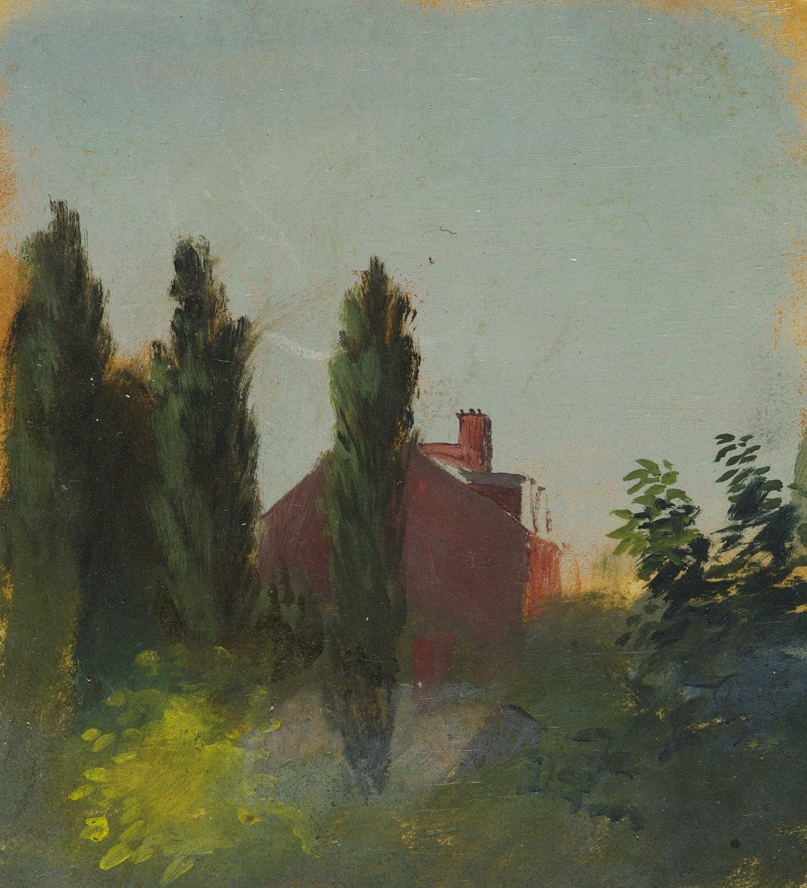 Landscape at sunset of a red house