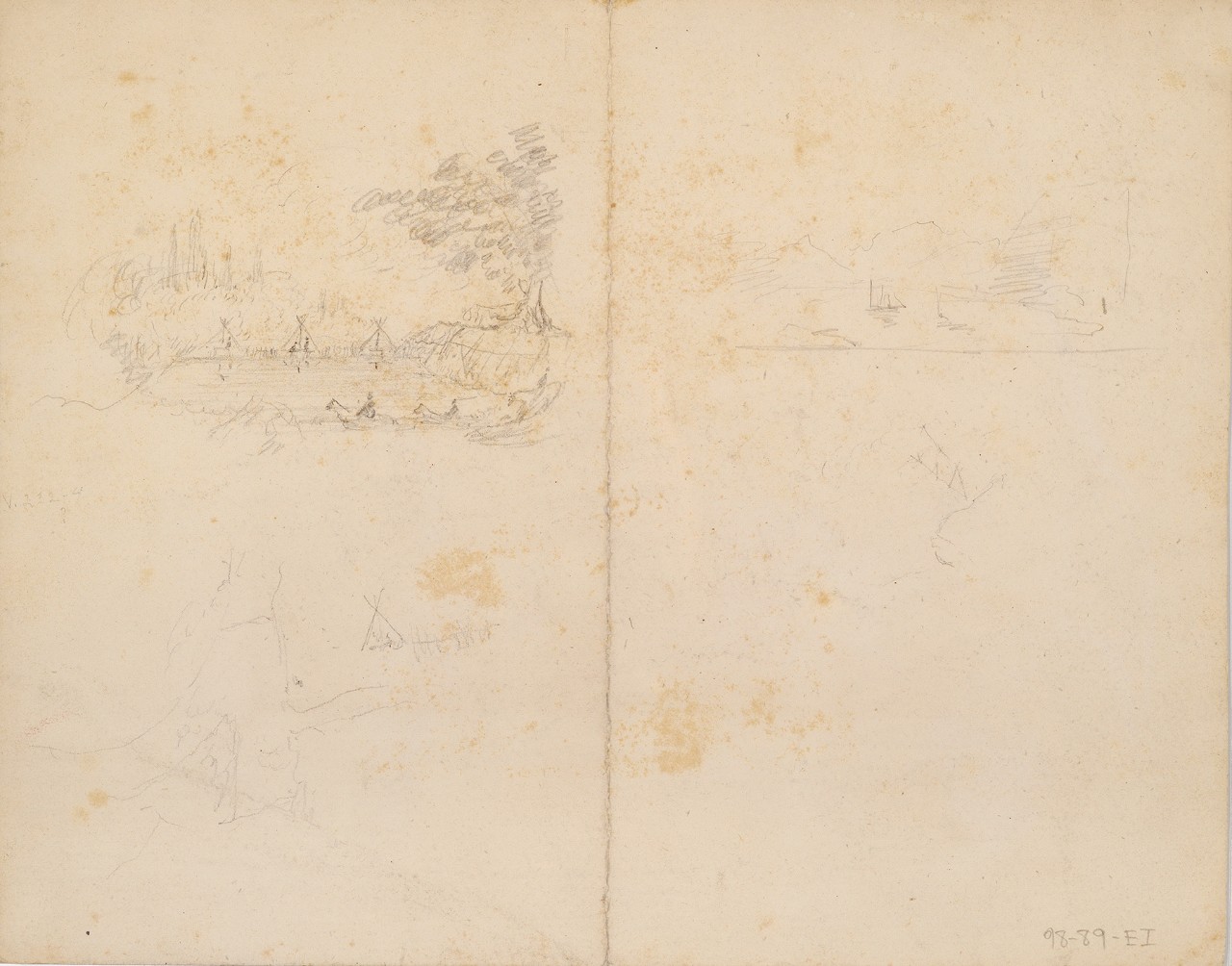 Several sketches of tents and men on horseback