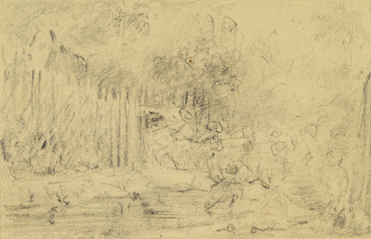 Sketch of men with guns charging a fort