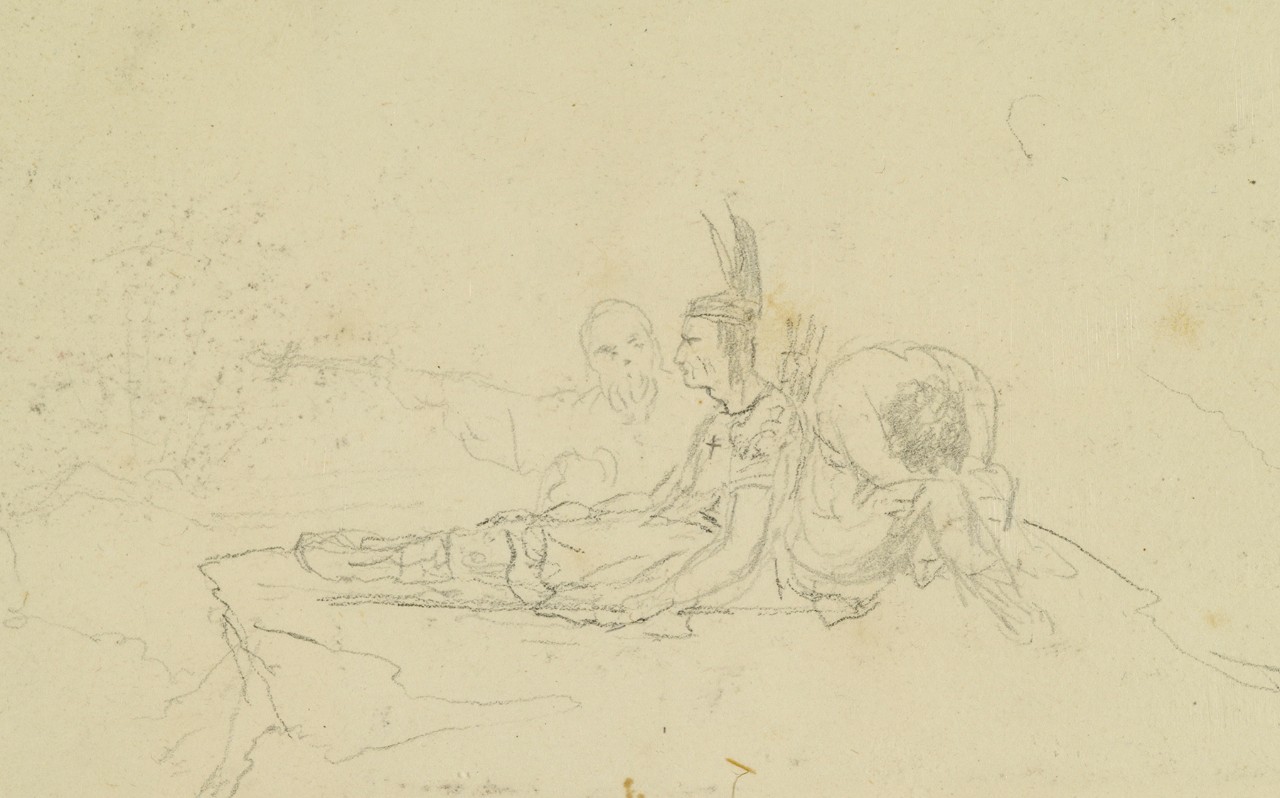 Two men seated on a rock, one is a Native American wearing a head dress, the other has his head on his knees