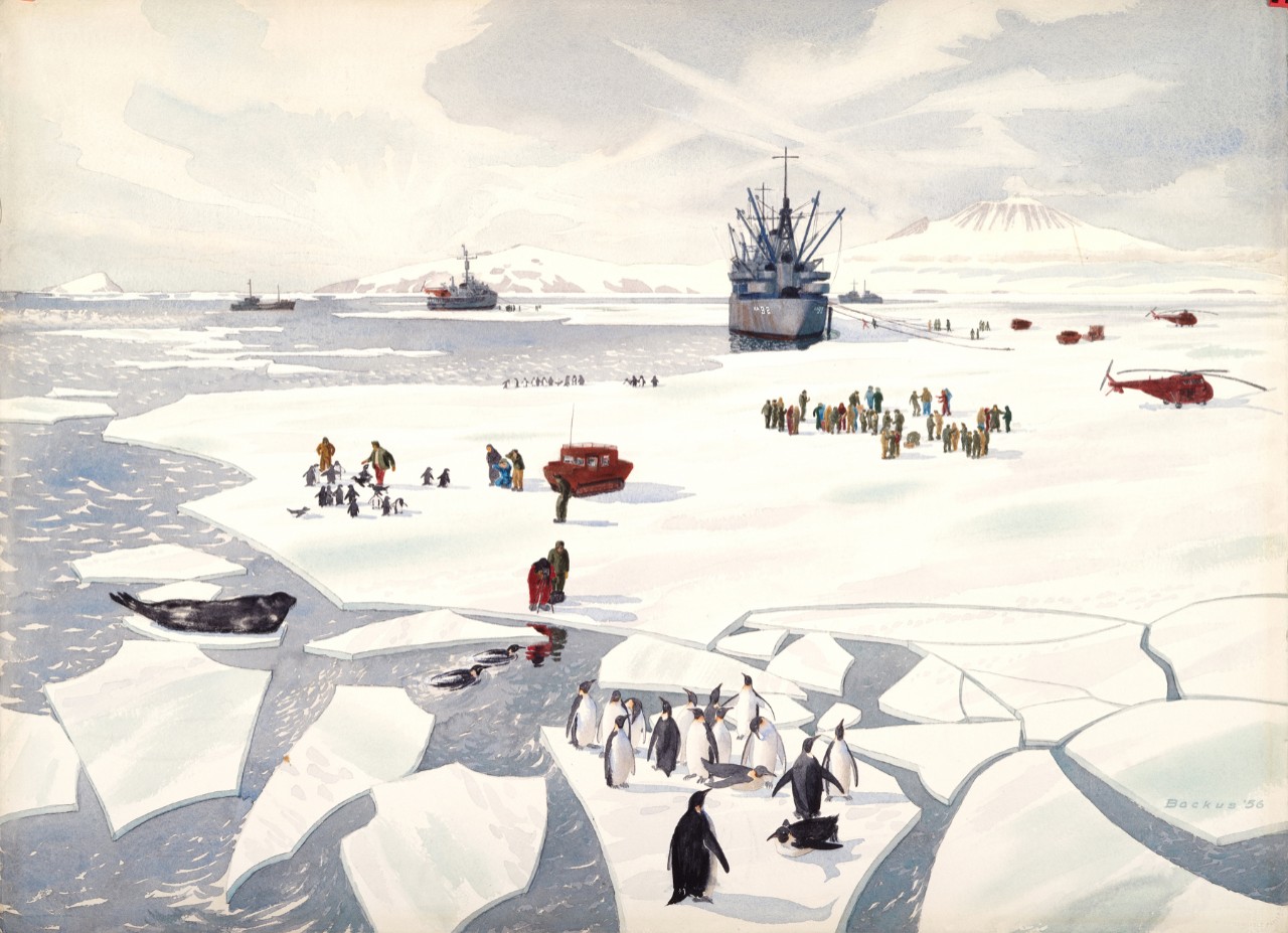 Men, equipment and penguins are on the ice flows next to a ship moored to the ice