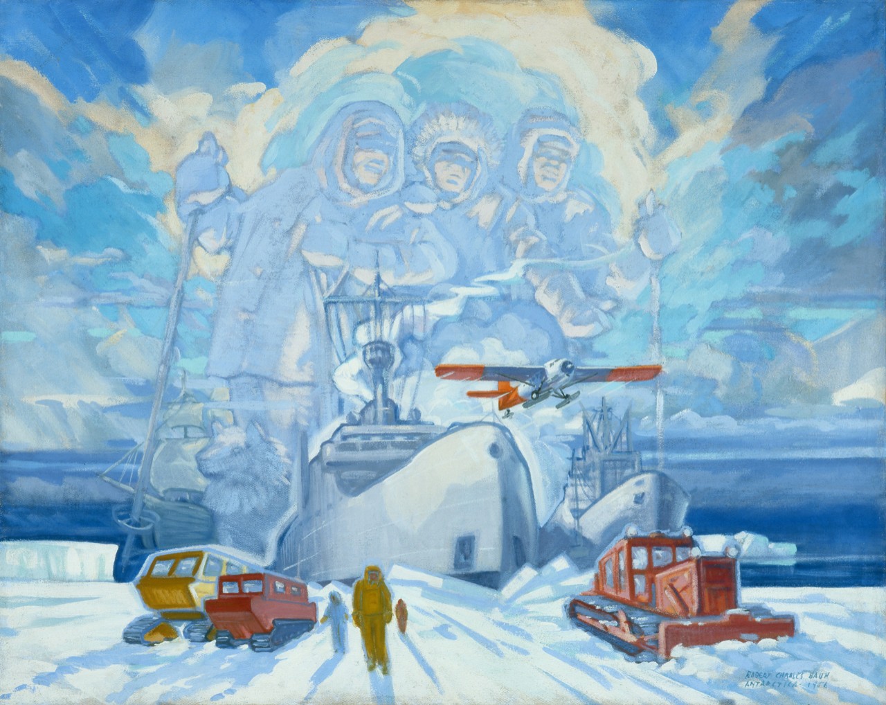 The fleet and equipment used in the operation with the leaders rendered in the clouds above