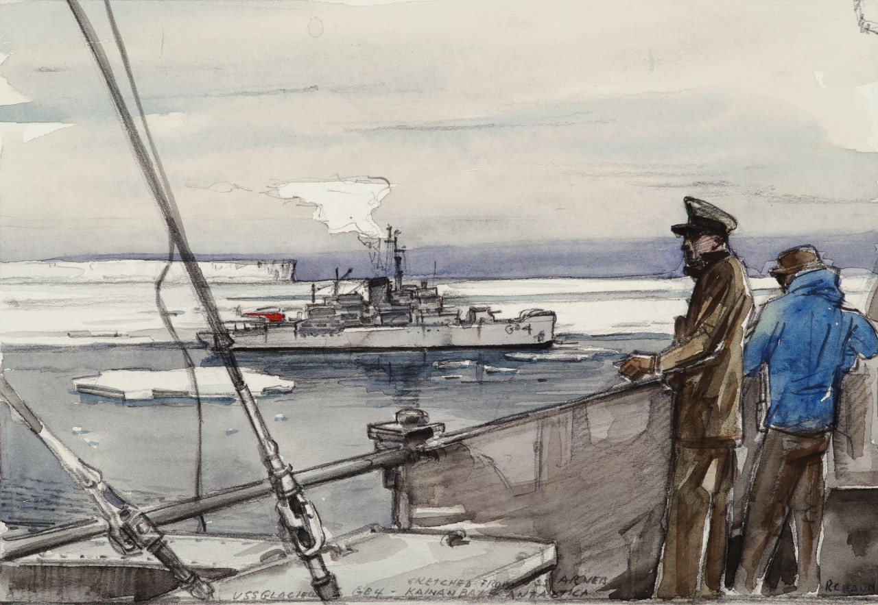 Two officers stand on the deck of a ship with an ice breaker in the distance