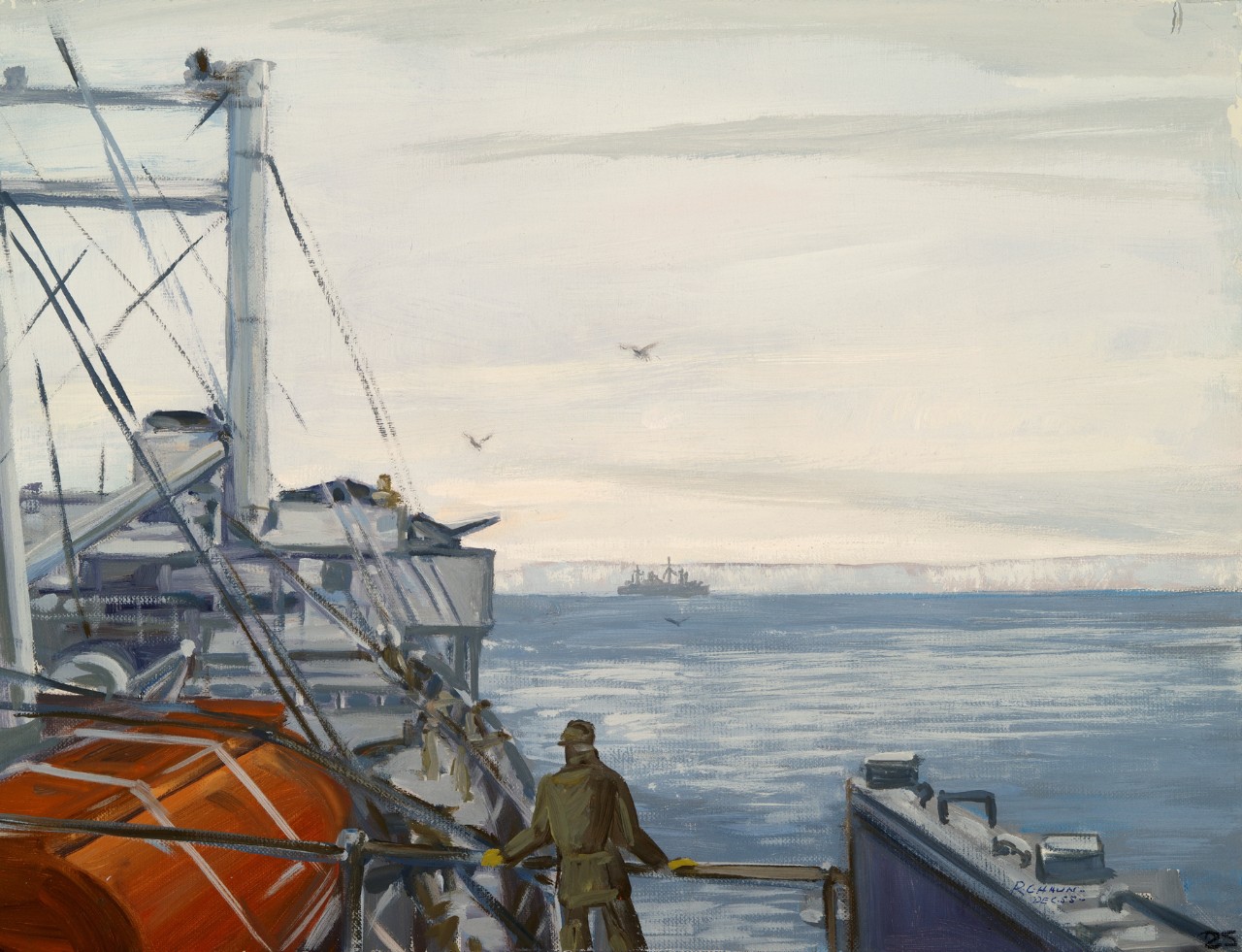 A sailor stands on the deck of a ship looking at another ship passing in front of the ice self