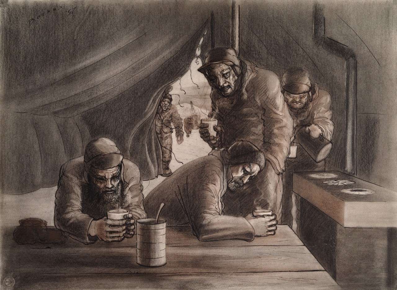 Very tired men in a tent eating out of cans