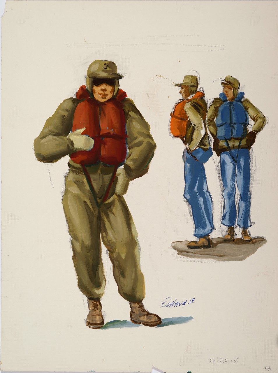 Three men in cold weather gear wearing life vests