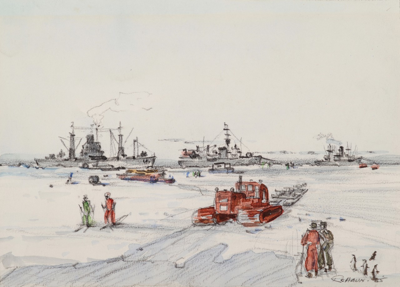 Hauling Sleds with supplies, ships in background