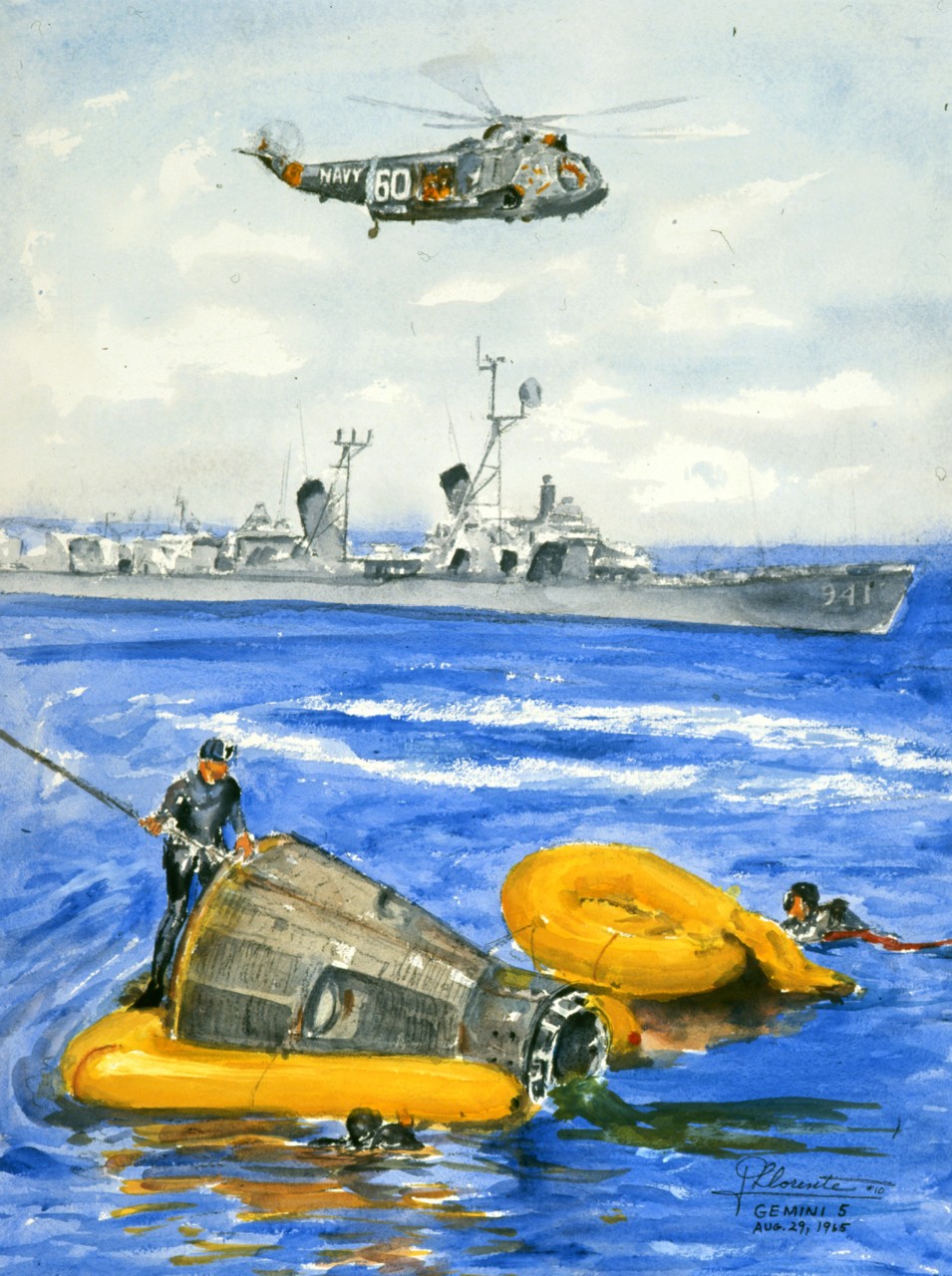 The recovery of a space capsule with a ship in the background and a helicopter flying over head