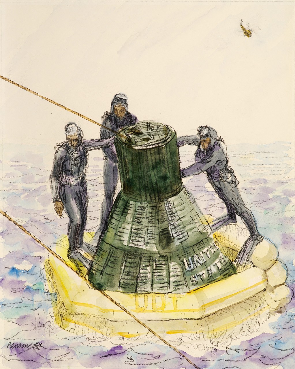 Three drivers on the floatation collar preparing the capsule to come aboard
