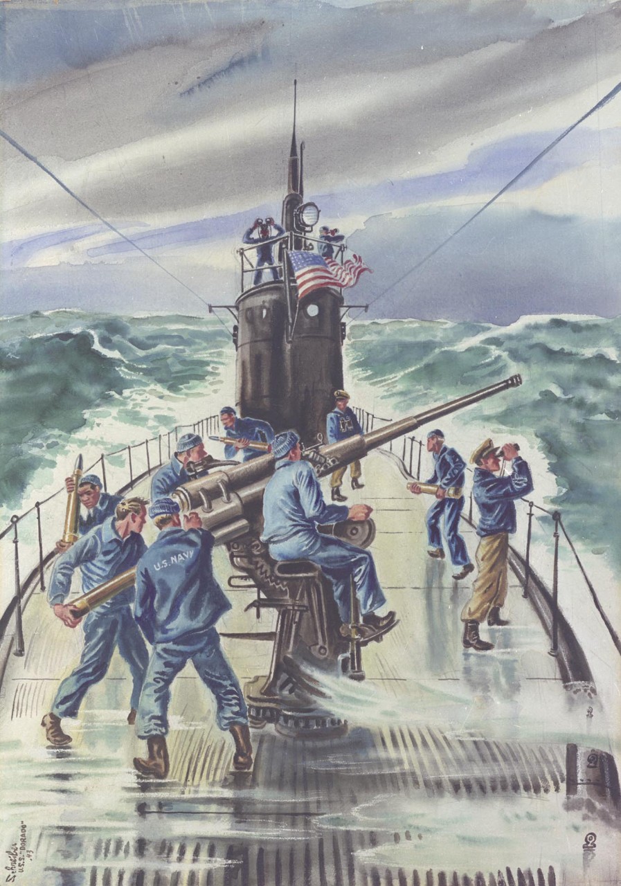 A gun crew fires the deck gun of a submarine
