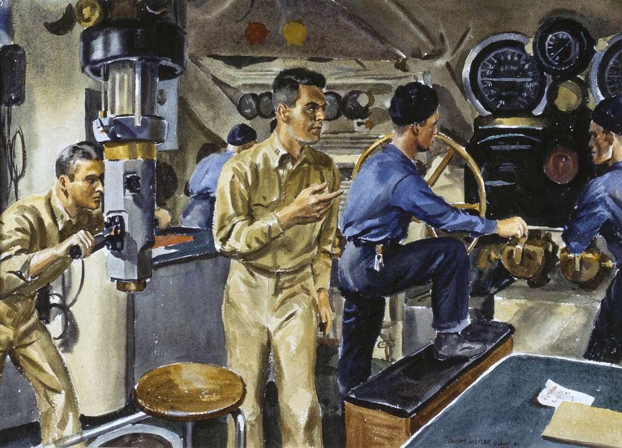 In the conning tower of a submarine one officer is looking through a periscope while another is talking to the crew