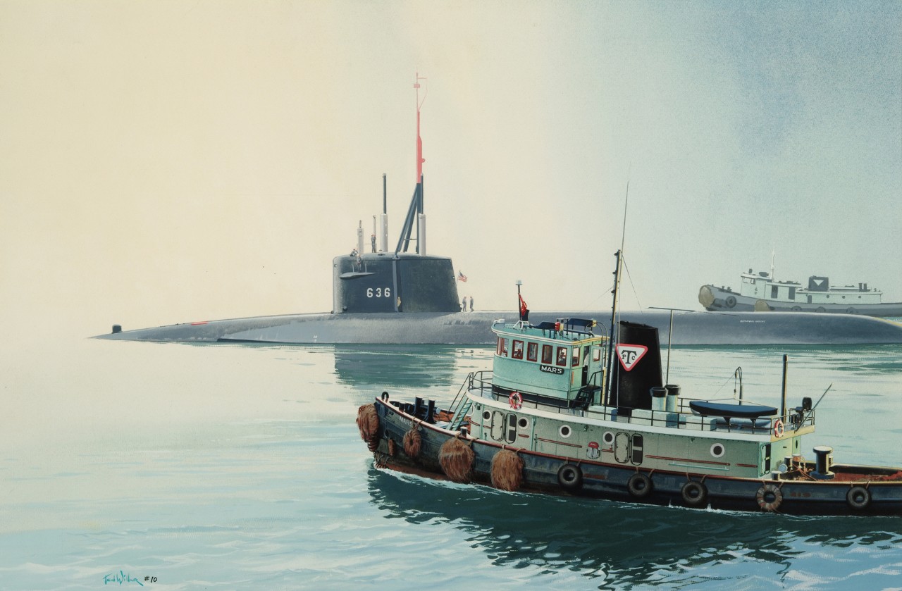 On calm waters, two tugs are on hand to assist a submarine 