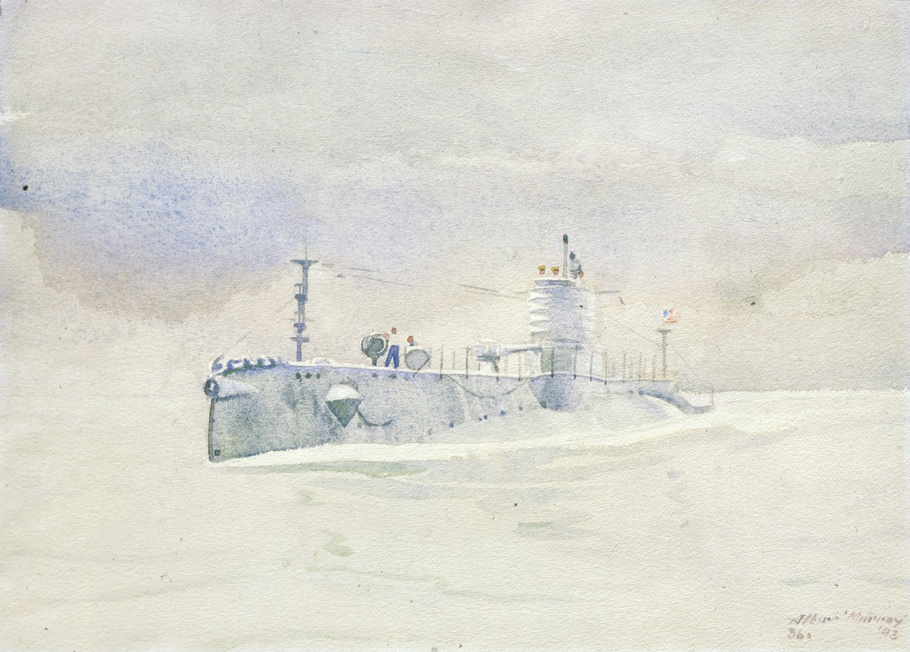 A submarine on the surface in calm and misty weather