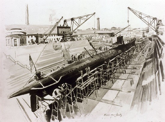 A submarine at dry dock with scaffolding and work crews along the side