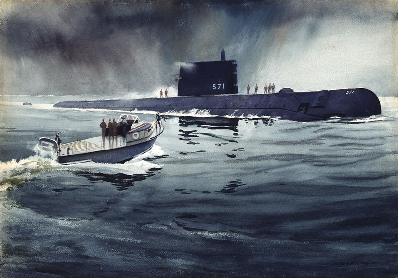 Men in a small boat approach a submarine on the surface