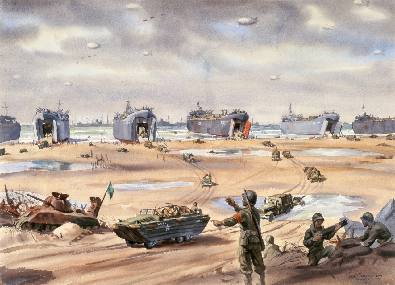 Landing scene with the Landing Ship Tanks on the beach discharging their cargo