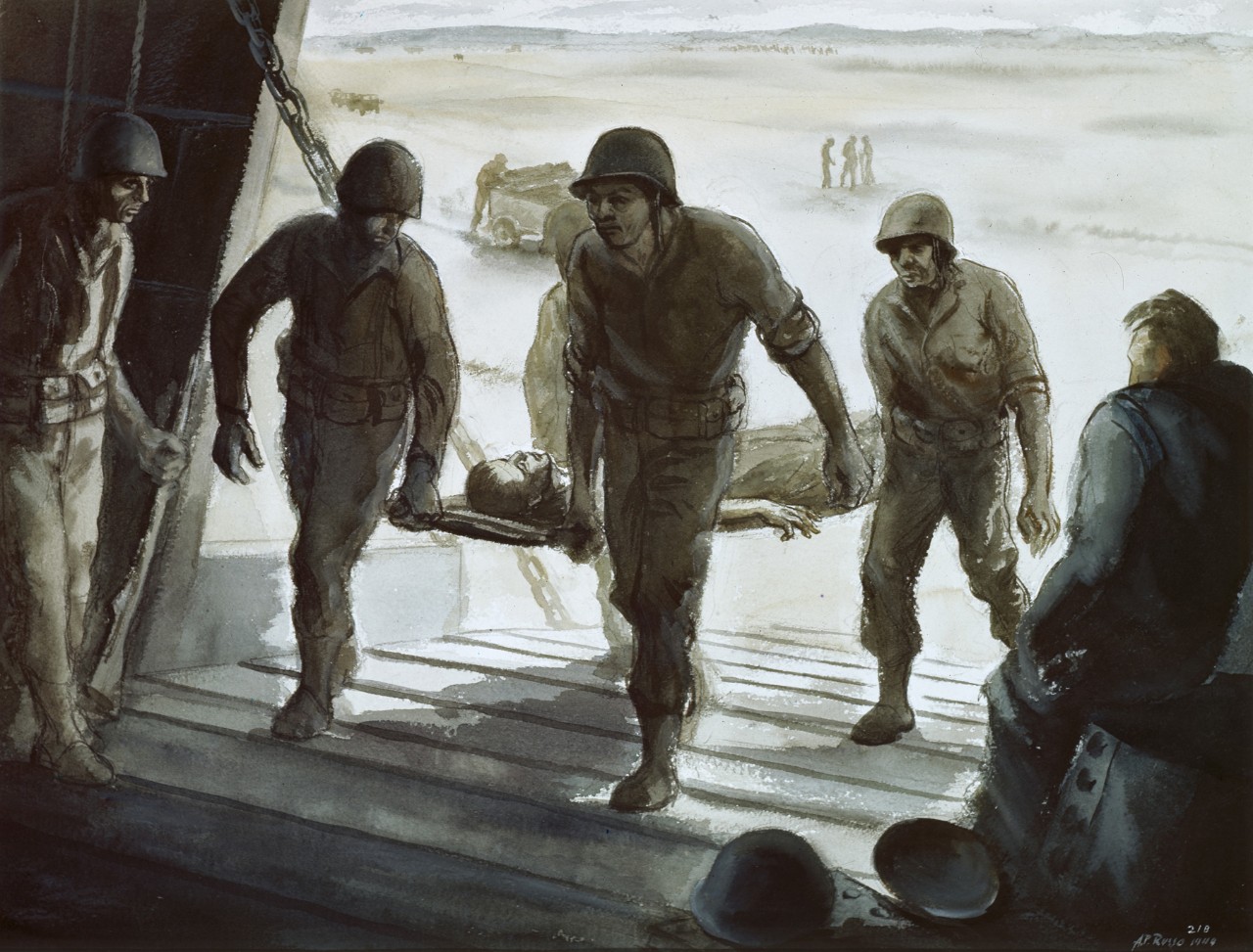 Sailors carrying the wounded aboard an LST