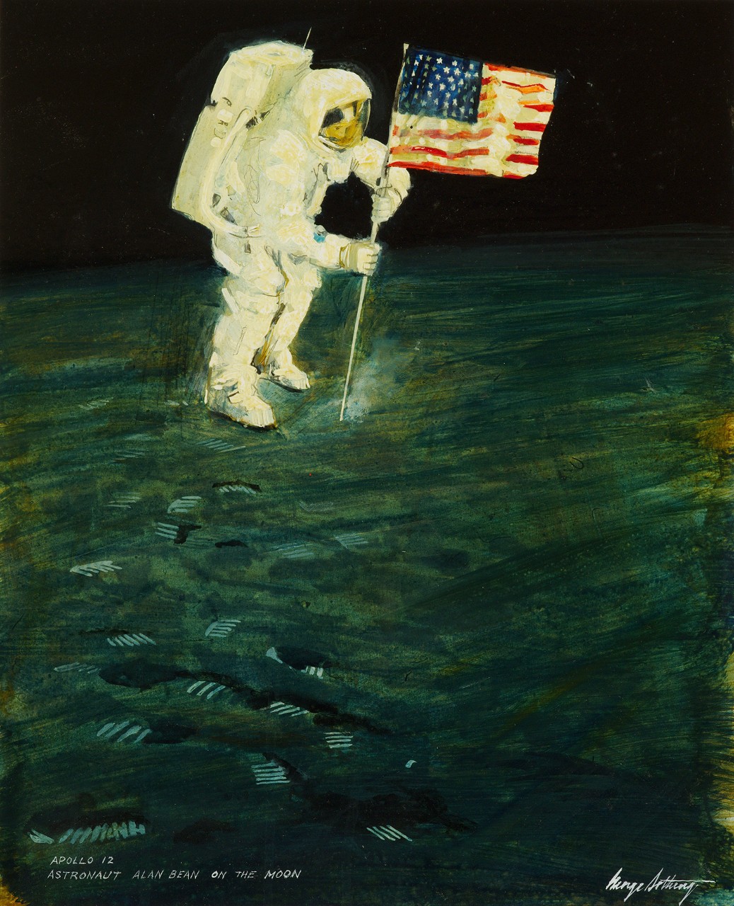 The American flag is planted on the surface of the moon