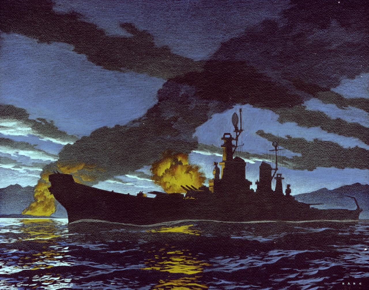 A battleship in the foreground with an explosion on a hill side in the background