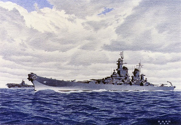 A battleship in front of an aircraft carrier 