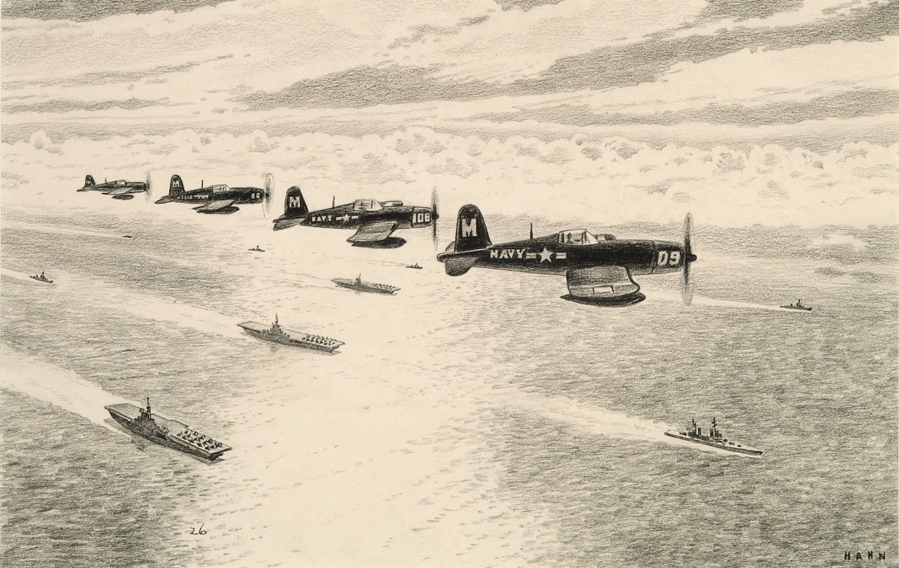 Planes fly over the American fleet