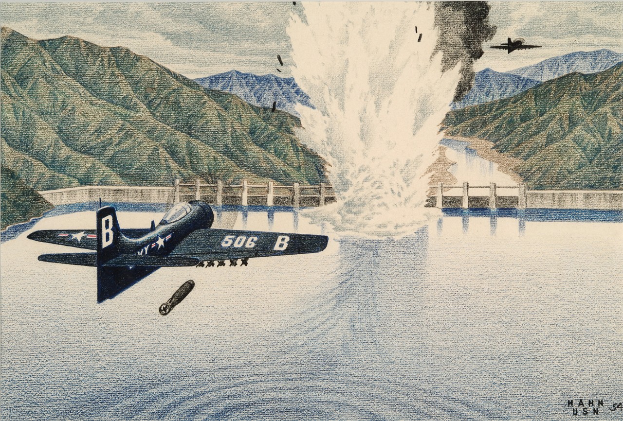 An American plane drops a torpedo into a dam