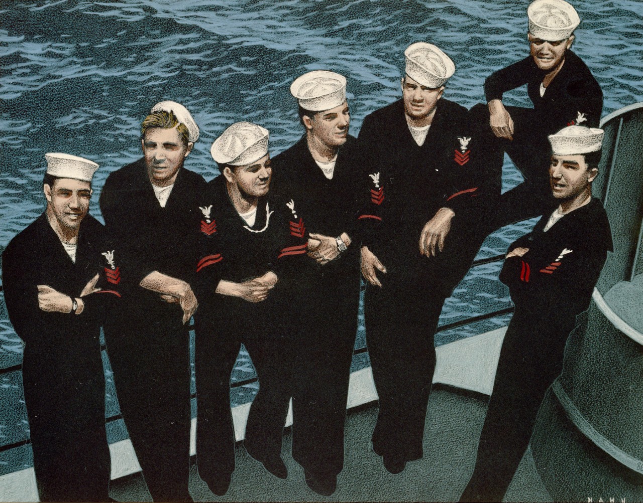 A group of enlisted men chatting by the railing of a ship