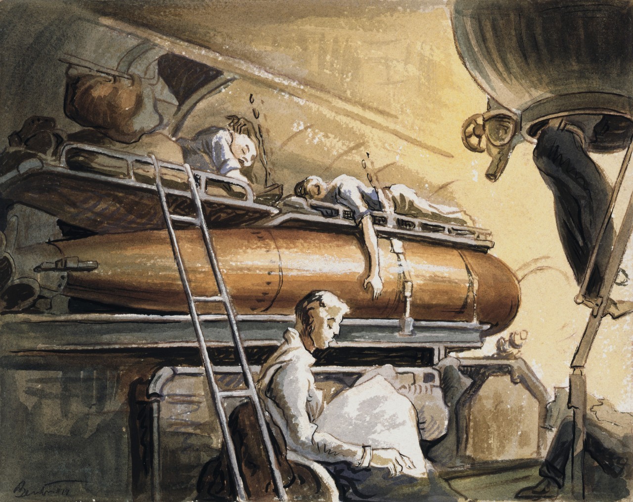 Men sleep on bunks atop torpedoes while another man reads a paper
