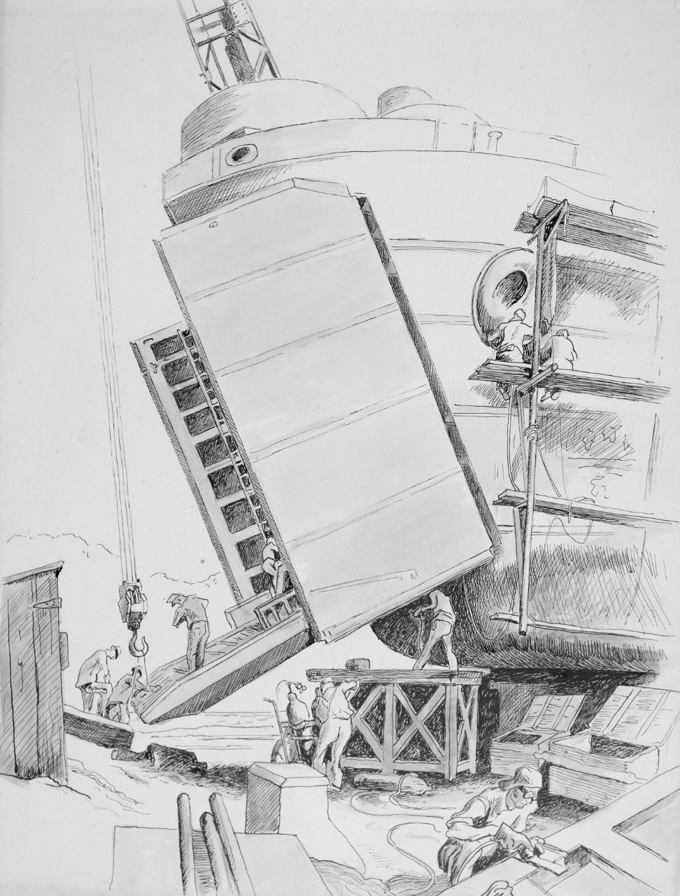 A side view as the doors are added to the bow of the landing ship